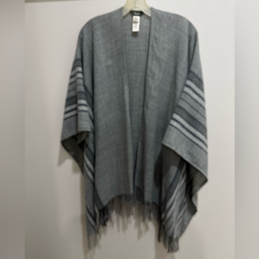 Roots cape/wrap, woven light grey with navy stripes, bottom fringe, like new